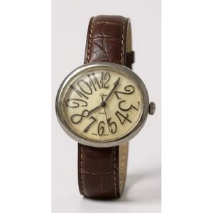 Collezio Quartz Watch White Pearlized Dial ‎ Silver Tone Case Brown Leather Band